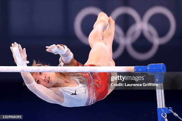 Yuna Hiraiwa of Team Japan trains on uneven bars during Women's Podium Training ahead of the Tokyo 2020 Olympic Games at Ariake Gymnastics Centre on...