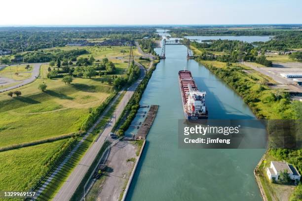 aerial welland canal and twin flight locks in  allanburg, st. catharines, canada - ontario canada stock pictures, royalty-free photos & images