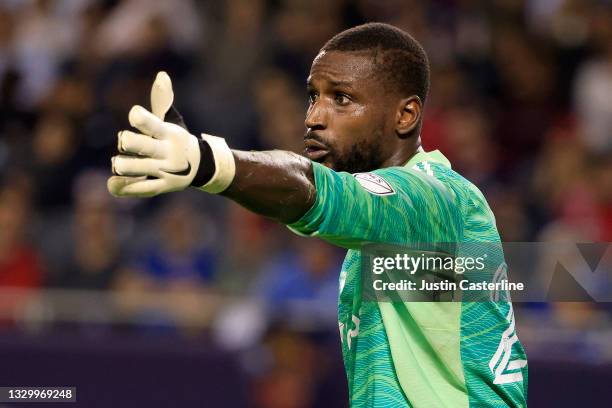 Bill Hamid of D.C. United directs his team in the game against the Chicago Fire during the second half at Soldier Field on July 21, 2021 in Chicago,...