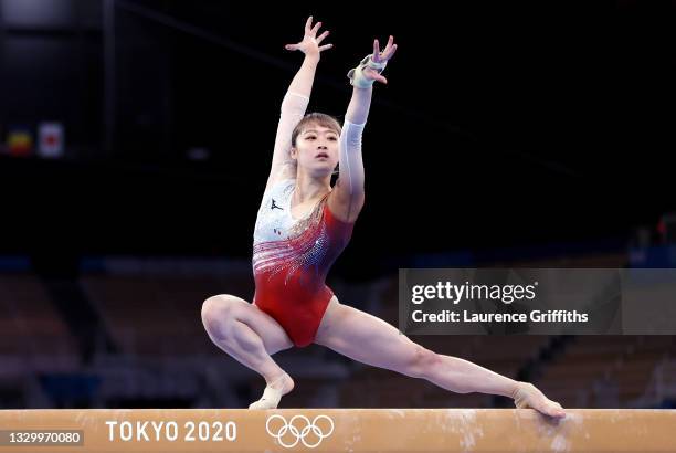 Yuna Hiraiwa of Team Japan trains on balance beam during Women's Podium Training ahead of the Tokyo 2020 Olympic Games at Ariake Gymnastics Centre on...