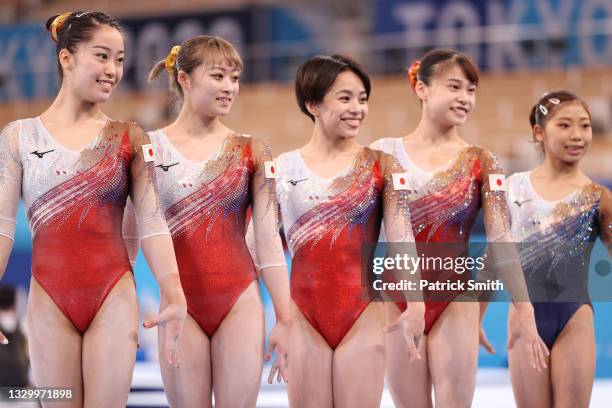 Hitomi Hatakeda, Yuna Hiraiwa, Mai Murakami, Aiko Sugihara and Urara Ashikawa of Team Japan pose for a team photo during Women's Podium Training...