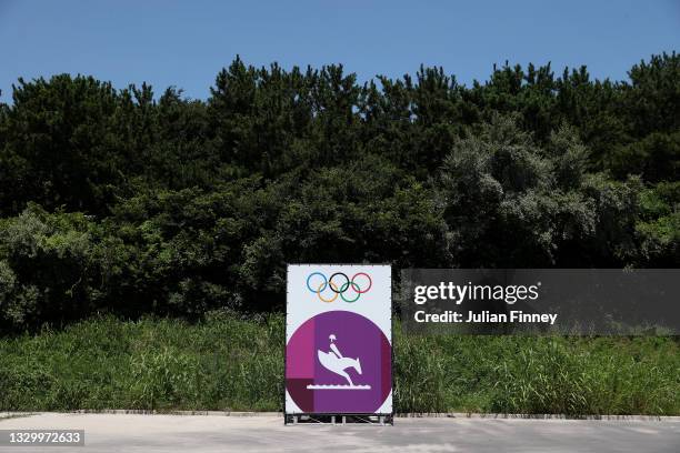 View outside the entrance of the Sea Forest Waterway venue hosting the Equestrian Cross Country ahead of the Tokyo 2020 Olympic Games on July 22,...