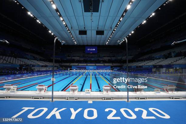 General view of the empty pool during aquatics training at the Tokyo Aquatics Centre ahead of the Tokyo 2020 Olympic Games on July 22, 2021 in Tokyo,...