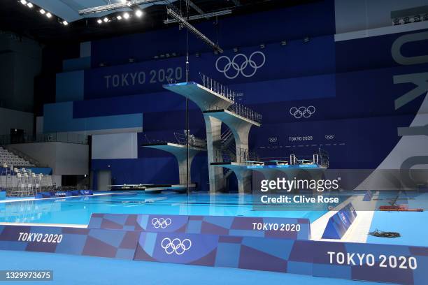 General view of the empty diving pool during aquatics training at the Tokyo Aquatics Centre ahead of the Tokyo 2020 Olympic Games on July 22, 2021 in...