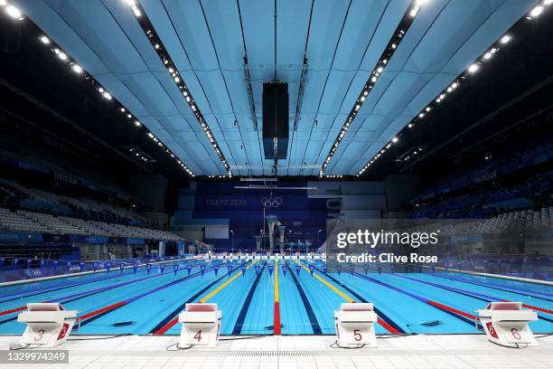 General view of the empty pool during aquatics training at the Tokyo Aquatics Centre ahead of the Tokyo 2020 Olympic Games on July 22, 2021 in Tokyo,...