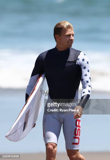 Kolohe Andino of Team United States looks on during a practice session at Tsurigasaki Surfing Beach ahead of the Tokyo 2020 Olympic Games on July 22,...