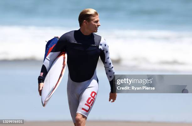 Kolohe Andino of Team United States looks on during a practice session at Tsurigasaki Surfing Beach ahead of the Tokyo 2020 Olympic Games on July 22,...