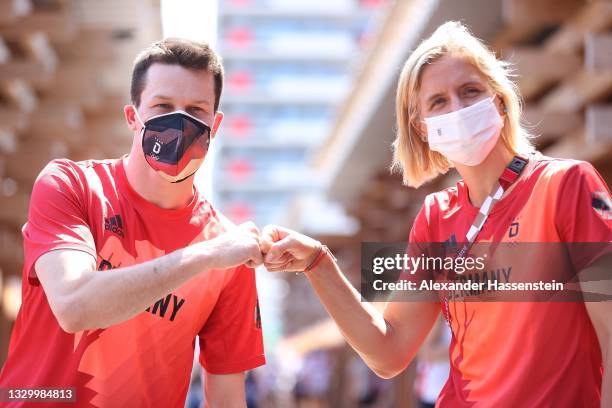 Laura Ludwig and Patrick Hausding of Team Germany arrives at the Olympic Village after have been announced as flag bearers for team Germany for the...