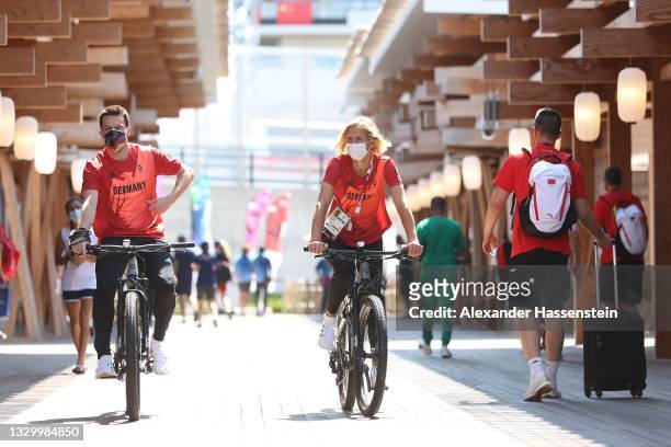 Laura Ludwig and Patrick Hausding of Team Germany arrives at the Olympic Village after have been announced as flag bearers for team Germany for the...