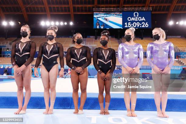 Grace McCallum, Sunisa Lee, Jordan Chiles, Simone Biles, Mykayla Skinner and Jade Carey of Team United States pose for a team photo before training...