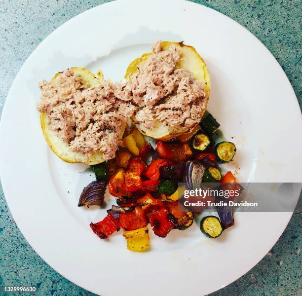 jacket potato with tuna - tuna fish stock pictures, royalty-free photos & images