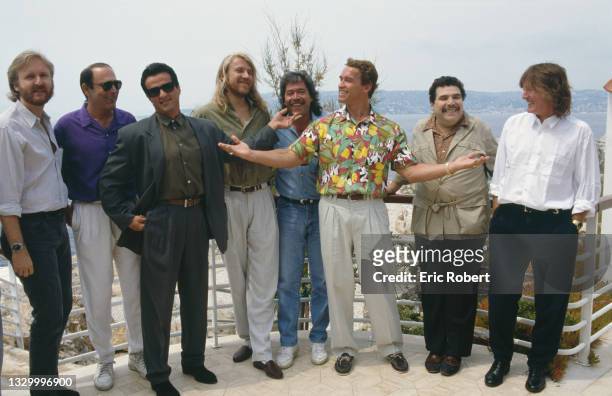Acteur d'origine autrichienne Arnold Schwarzenegger et l'acteur américain Sylvester Stallone pendant le déjeuner donné à l’hôtel du Cap, lors du 43e...