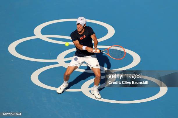Diego Schwartzman of Team Argentina plays a backhand during the practice session ahead of the Tokyo 2020 Olympic Games at Ariake Tennis Park on July...