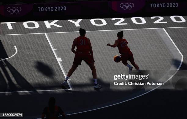 Stefanie Dolson and Kelsey Plum of Team USA practice in 3x3 basketball at Aomi Urban Sports Park ahead of the Tokyo 2020 Olympic Games on July 22,...