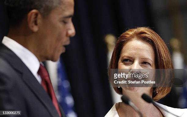 President Barack Obama speaks at the Joint Media Conference with Australian PM Julia Gillard on the first day of his 2-day visit to Australia, on...