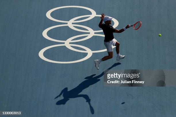 Diego Schwartzman of Team Argentina plays a forehand during the practice session ahead of the Tokyo 2020 Olympic Games at Ariake Tennis Park on July...