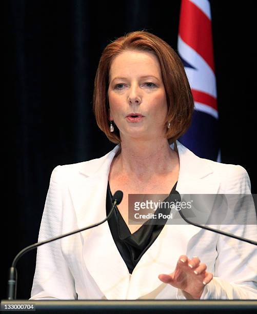 Australian Prime Minister Julia Gillard speaks during a Joint Media Conference with US President Barack Obama , on the first day of his 2-day visit...