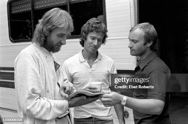 Genesis backstage at the Forest Hills Tennis Stadium in Queens, New York on August 22, 1982. Mike Rutherford, Tony Banks, Phil Collins.