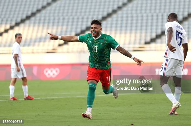 Alexis Vega of Team Mexico celebrates after scoring their side's first goal during the Men's First Round Group A match between Mexico and France...