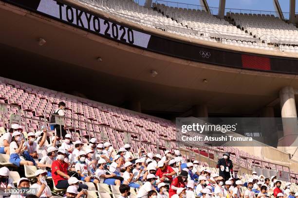 Fans watch on during the Men's First Round Group B match between New Zealand and Republic of Korea during the Tokyo 2020 Olympic Games at Kashima...