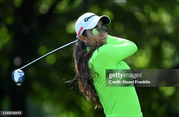 Maria Fassi of Mexico tees off on the 3rd hole during day one of the The Amundi Evian Championship at Evian Resort Golf Club on July 22, 2021 in...