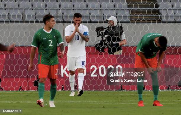 Andre-Pierre Gignac of France is dissapointed in the Men's First Round Group A match during the Tokyo 2020 Olympic Games at Tokyo Stadium on July 22,...