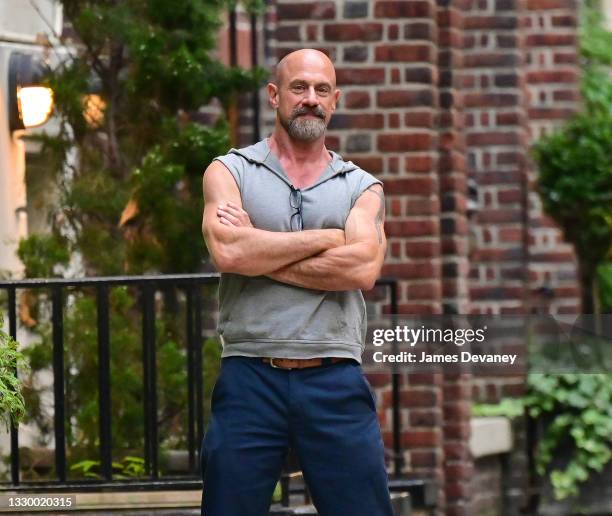 Chris Meloni seen on the set of "Law & Order: Organized Crime" in Gramercy Park on July 21, 2021 in New York City.