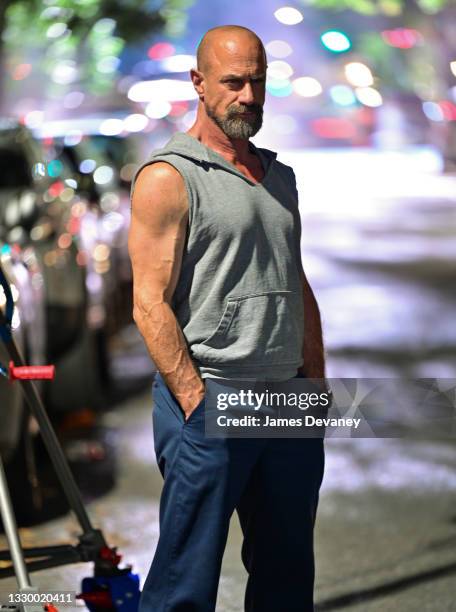 Chris Meloni seen on the set of "Law & Order: Organized Crime" in Gramercy Park on July 21, 2021 in New York City.