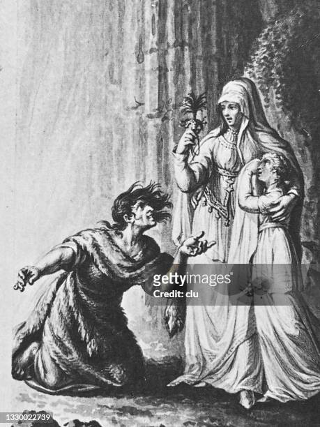 protector kneeling in front of a woman and daughter, asking for help - stranger stock illustrations