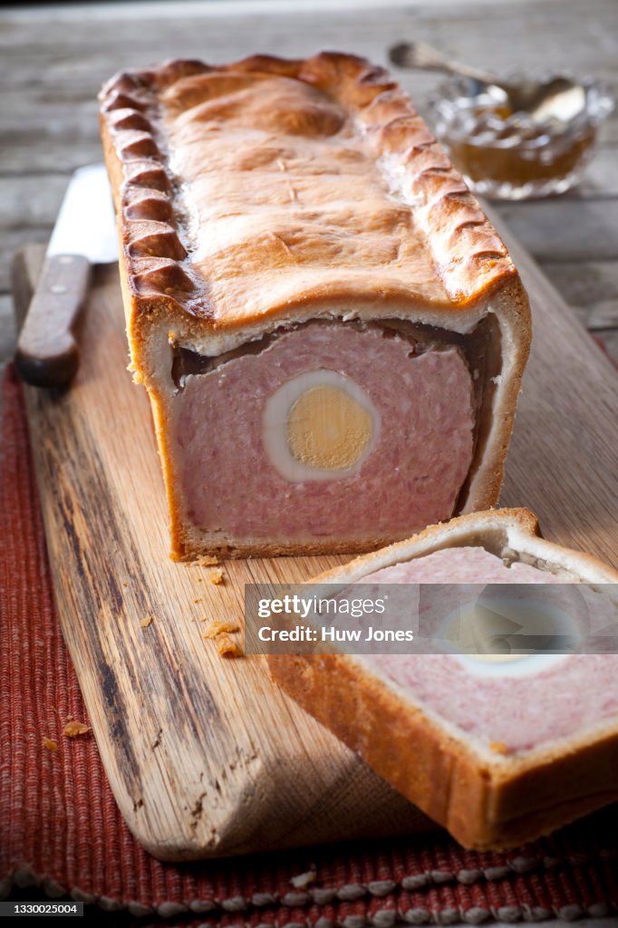 Close up pork and egg gala pie