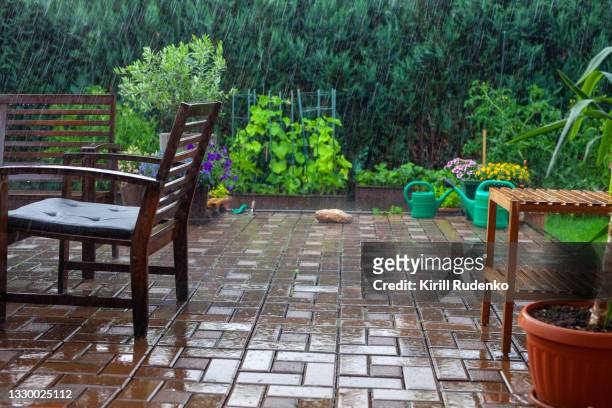 rainstorm in the yard - rain garden stock pictures, royalty-free photos & images