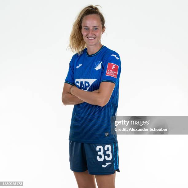 Fabienne Dongus of TSG 1899 Hoffenheim Women's poses during the team presentation at Foerderzentrum on July 21, 2021 in St. Leon-Rot, Germany.