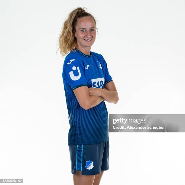 Fabienne Dongus of TSG 1899 Hoffenheim Women's poses during the team presentation at Foerderzentrum on July 21, 2021 in St. Leon-Rot, Germany.