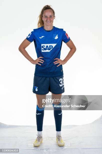 Fabienne Dongus of TSG 1899 Hoffenheim Women's poses during the team presentation at Foerderzentrum on July 21, 2021 in St. Leon-Rot, Germany.