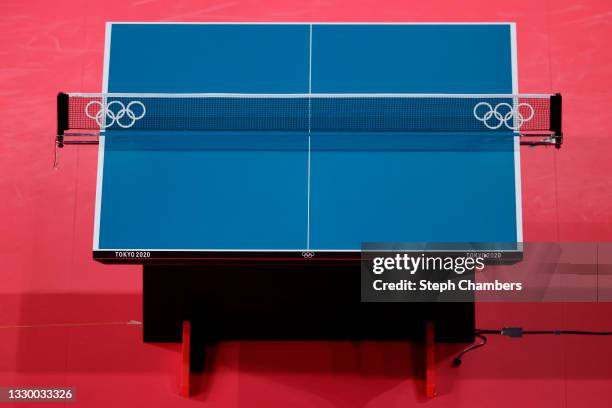 Table tennis court is seen ahead of the Tokyo 2020 Olympic Games at Tokyo Metropolian Gymnasium on July 22, 2021 in Tokyo, Japan.