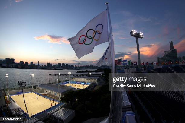 General view of practice courts of Shiokaze Park and Tokyo Bay as Team China Women's Beach Volleyball team practices prior to the Tokyo 2020 Olympic...