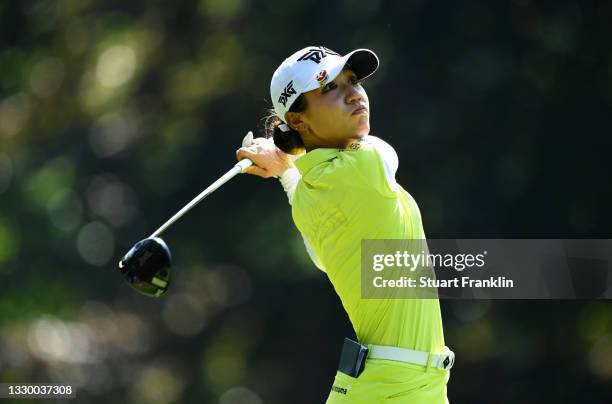 Lydia Ko of New Zealand tees off on hole 4 during day one of the The Amundi Evian Championship at Evian Resort Golf Club on July 22, 2021 in...