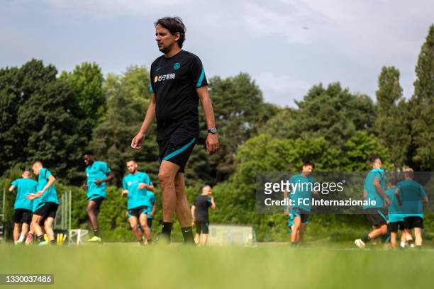 Head Coach Simone Inzaghi of FC Internazionale looks on during the FC Internazionale training session at the club's training ground Suning Training...