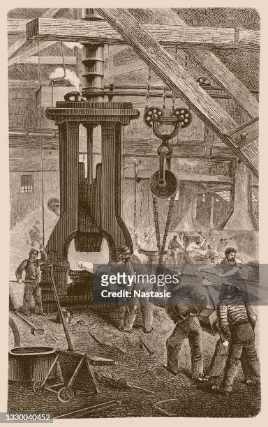 mill workers using the steam hammer - industrial revolution stock illustrations