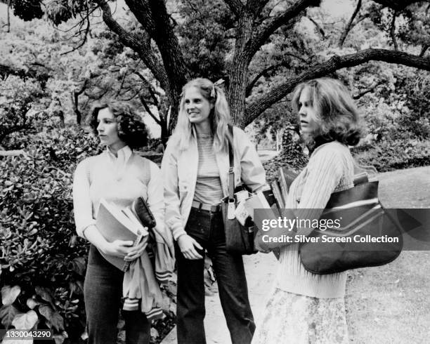 Actresses Nancy Kyes as 'Annie Brackett', PJ Soles as 'Lynda van der Klok' and Jamie Lee Curtis as 'Laurie Strode' in film 'Halloween'.