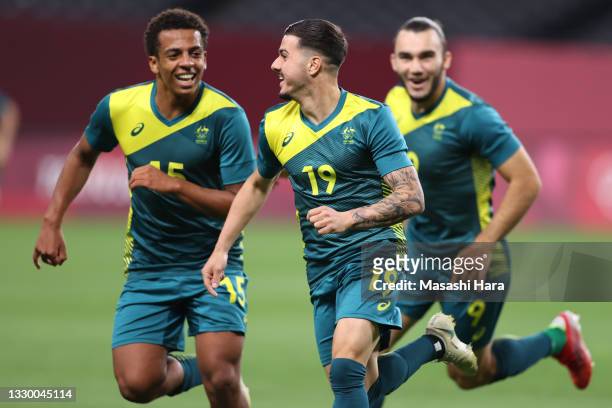 Marco Tilio of Team Australia celebrates after scoring their side's second goal during the Men's First Round Group C match between Argentina and...