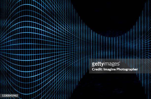 3d illustration, blue curve wall rendering digital technology on space background. - science exhibition stock pictures, royalty-free photos & images