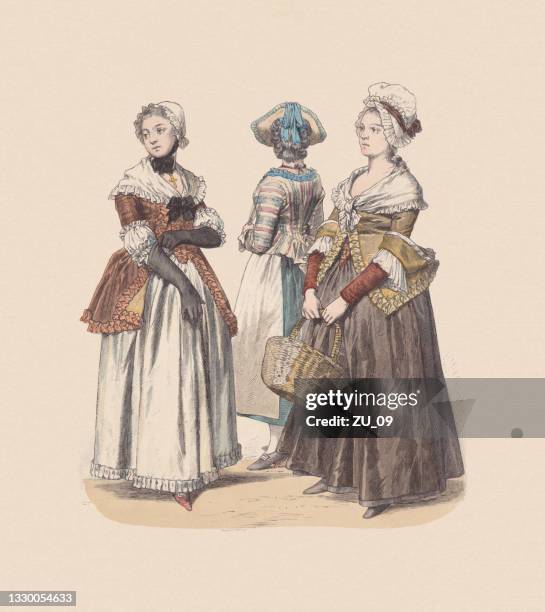18th century, german bourgeois costumes, hand-colored wood engraving, published c.1880 - karlsruhe stock illustrations