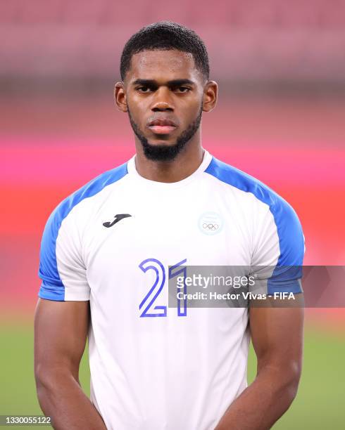 Elvin Oliva of Team Honduras stands for the national anthem prior to the Men's First Round Group B match between Honduras and Romania during the...