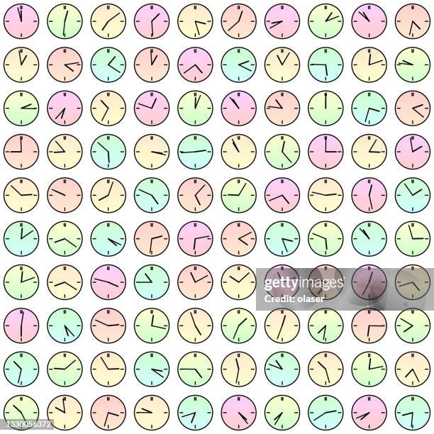 pastel colored clocks in matrix pattern, showing random time - consistency clock stock illustrations