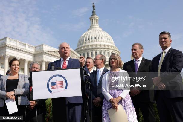 House Minority Whip Rep. Steve Scalise speaks as House Republican Conference Chair Rep. Elise Stefanik and members of the GOP Doctors Caucus listen...