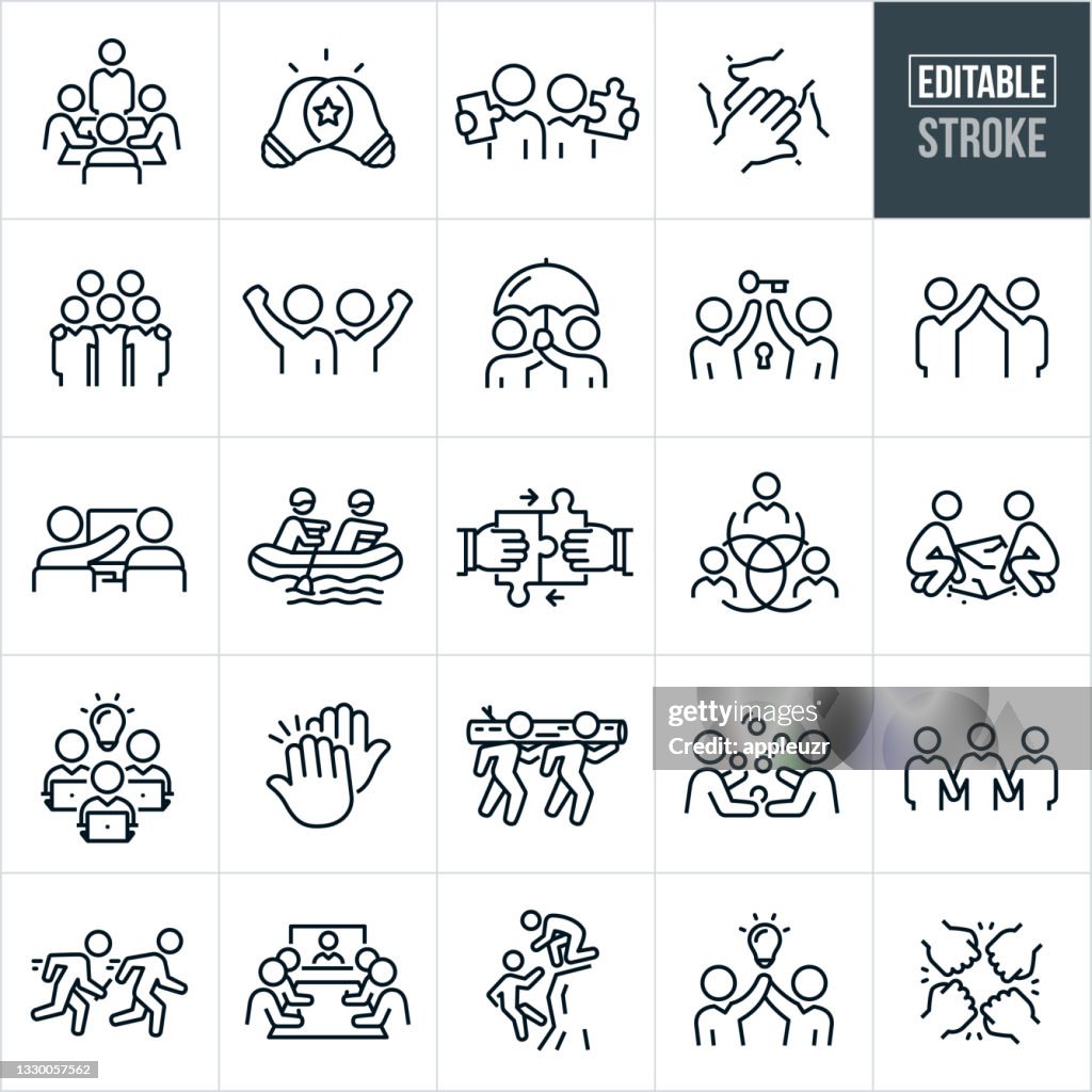 Iconos de línea delgada de trabajo en equipo - Trazo editable