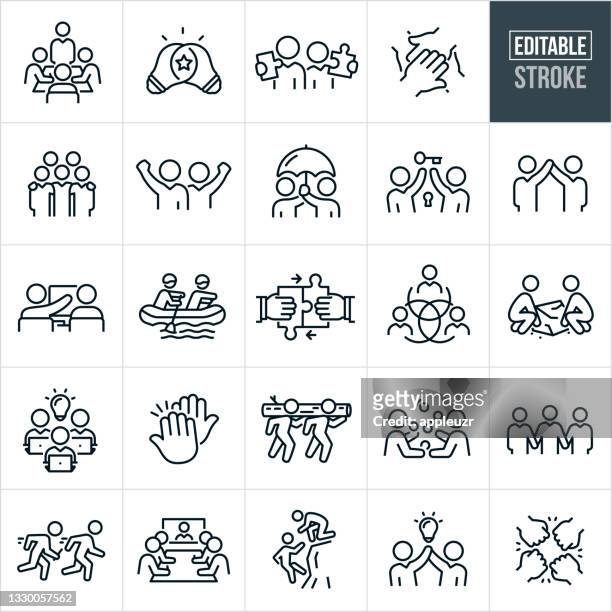 ilustraciones, imágenes clip art, dibujos animados e iconos de stock de iconos de línea delgada de trabajo en equipo - trazo editable - personas reunidas