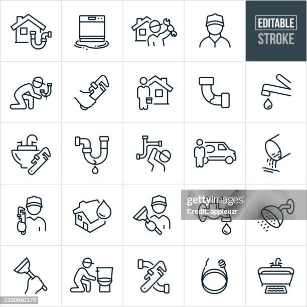 plumbing thin line icons - editable stroke - damaged stock illustrations