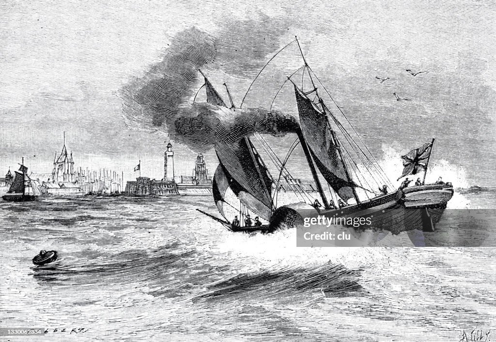 The British sovereign entering Calais in 1825. One of the first steam liners serving England in Calais